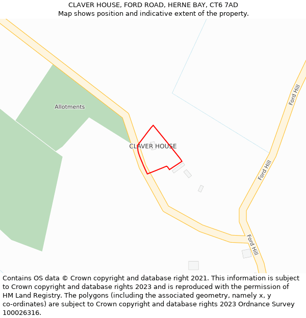 CLAVER HOUSE, FORD ROAD, HERNE BAY, CT6 7AD: Location map and indicative extent of plot