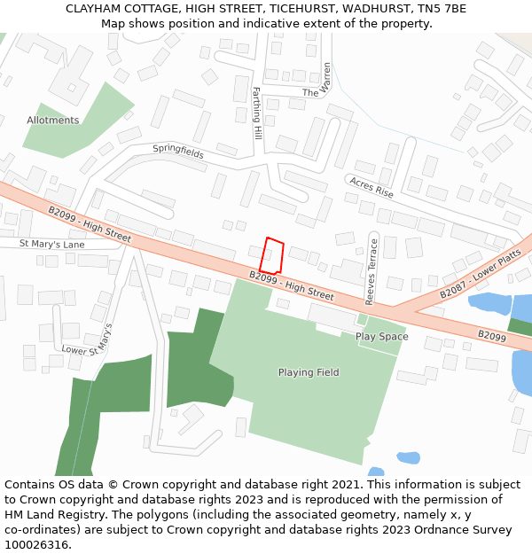 CLAYHAM COTTAGE, HIGH STREET, TICEHURST, WADHURST, TN5 7BE: Location map and indicative extent of plot