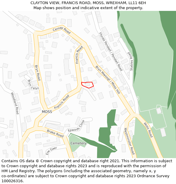 CLAYTON VIEW, FRANCIS ROAD, MOSS, WREXHAM, LL11 6EH: Location map and indicative extent of plot