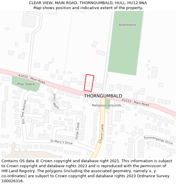 CLEAR VIEW, MAIN ROAD, THORNGUMBALD, HULL, HU12 9NA: Location map and indicative extent of plot