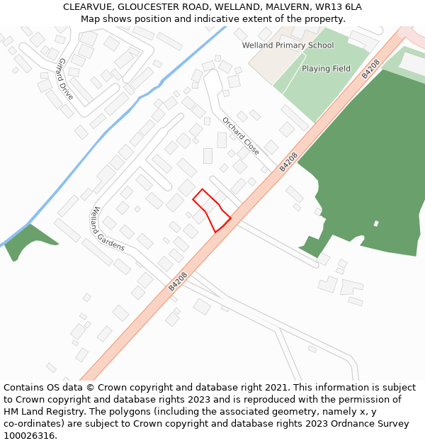 CLEARVUE, GLOUCESTER ROAD, WELLAND, MALVERN, WR13 6LA: Location map and indicative extent of plot