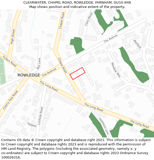 CLEARWATER, CHAPEL ROAD, ROWLEDGE, FARNHAM, GU10 4AN: Location map and indicative extent of plot