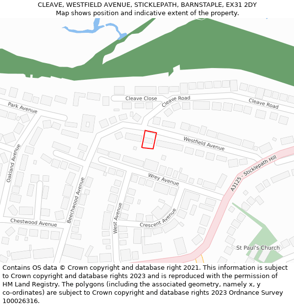CLEAVE, WESTFIELD AVENUE, STICKLEPATH, BARNSTAPLE, EX31 2DY: Location map and indicative extent of plot