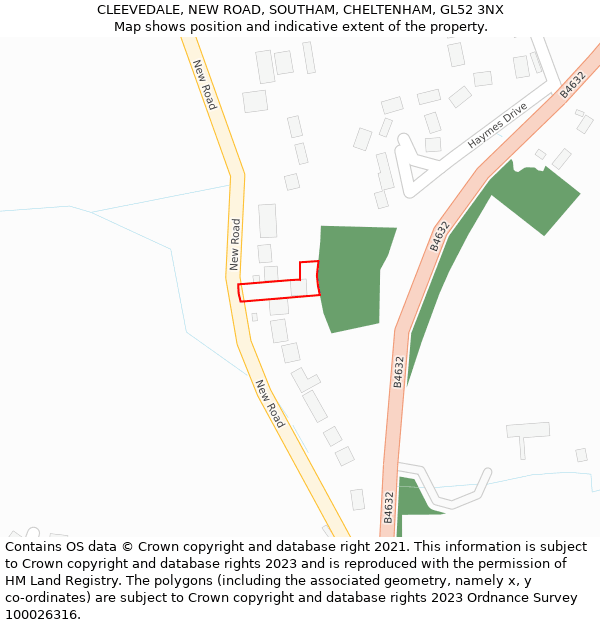 CLEEVEDALE, NEW ROAD, SOUTHAM, CHELTENHAM, GL52 3NX: Location map and indicative extent of plot
