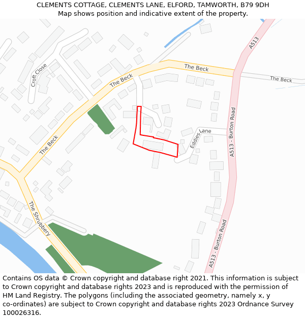 CLEMENTS COTTAGE, CLEMENTS LANE, ELFORD, TAMWORTH, B79 9DH: Location map and indicative extent of plot