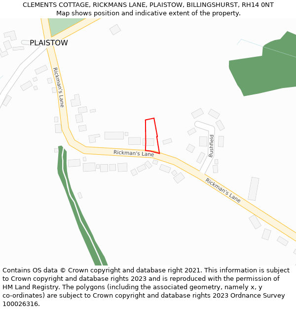 CLEMENTS COTTAGE, RICKMANS LANE, PLAISTOW, BILLINGSHURST, RH14 0NT: Location map and indicative extent of plot