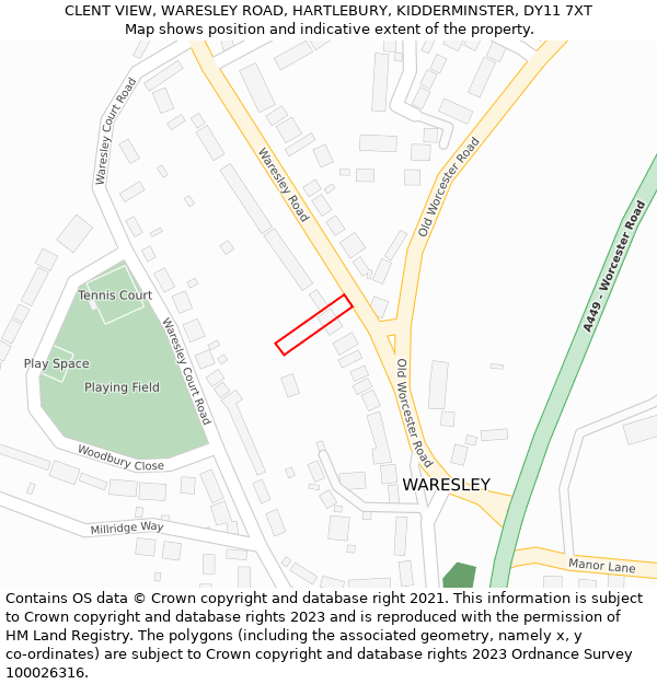 CLENT VIEW, WARESLEY ROAD, HARTLEBURY, KIDDERMINSTER, DY11 7XT: Location map and indicative extent of plot