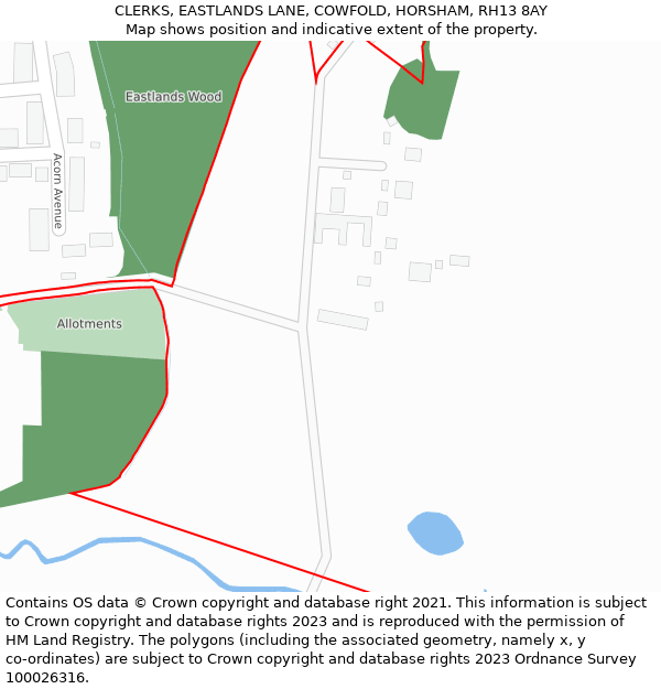 CLERKS, EASTLANDS LANE, COWFOLD, HORSHAM, RH13 8AY: Location map and indicative extent of plot