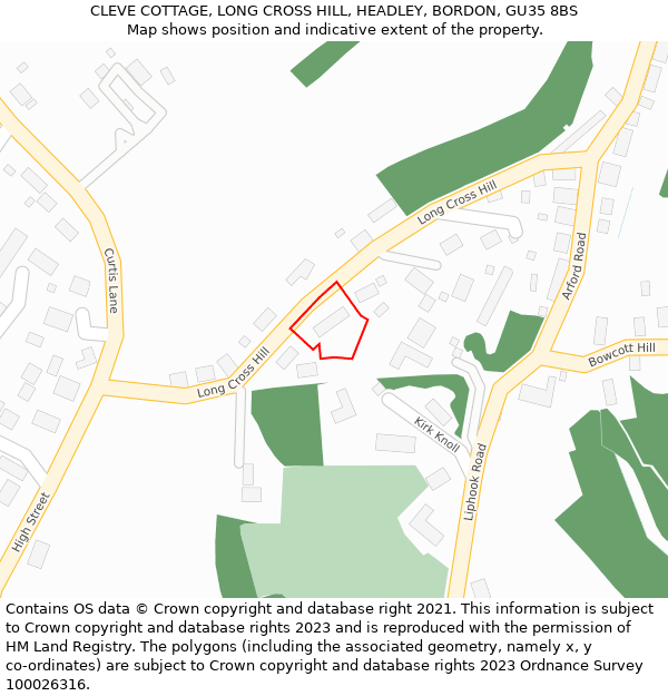 CLEVE COTTAGE, LONG CROSS HILL, HEADLEY, BORDON, GU35 8BS: Location map and indicative extent of plot