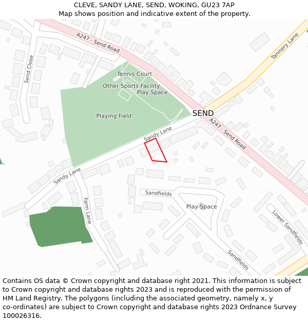 CLEVE, SANDY LANE, SEND, WOKING, GU23 7AP: Location map and indicative extent of plot