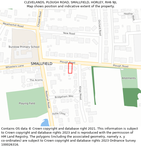 CLEVELANDS, PLOUGH ROAD, SMALLFIELD, HORLEY, RH6 9JL: Location map and indicative extent of plot