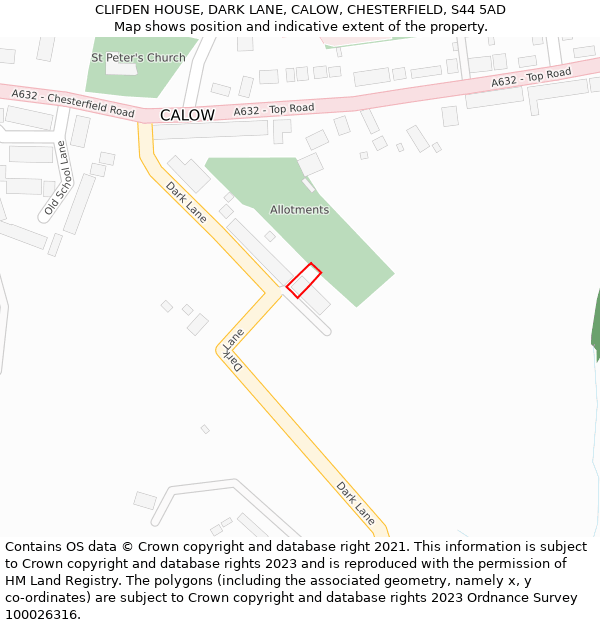 CLIFDEN HOUSE, DARK LANE, CALOW, CHESTERFIELD, S44 5AD: Location map and indicative extent of plot