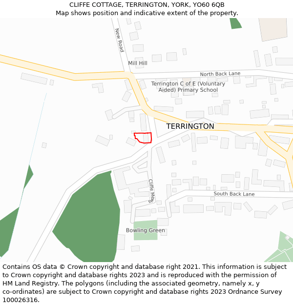 CLIFFE COTTAGE, TERRINGTON, YORK, YO60 6QB: Location map and indicative extent of plot