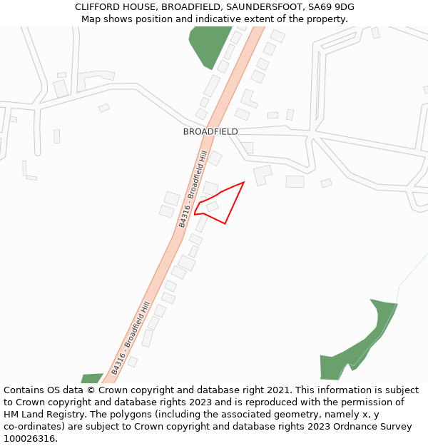 CLIFFORD HOUSE, BROADFIELD, SAUNDERSFOOT, SA69 9DG: Location map and indicative extent of plot