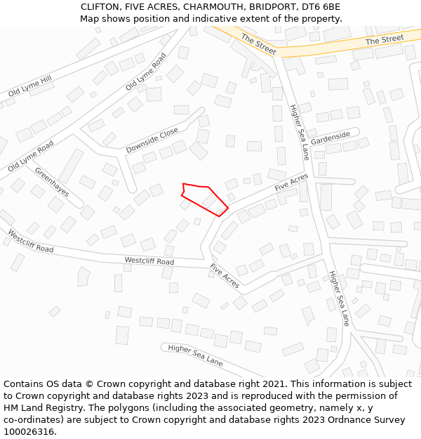 CLIFTON, FIVE ACRES, CHARMOUTH, BRIDPORT, DT6 6BE: Location map and indicative extent of plot