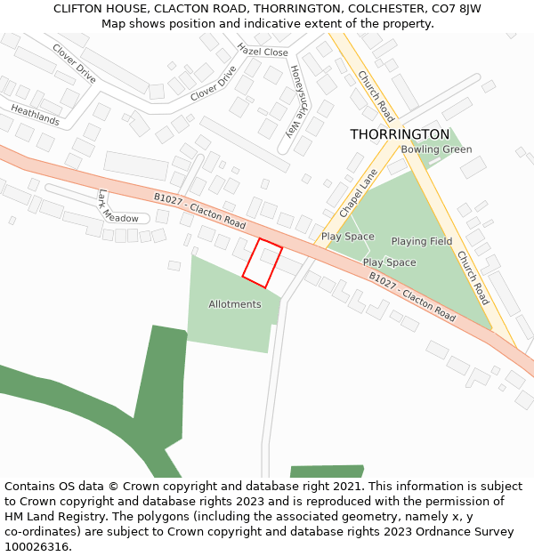 CLIFTON HOUSE, CLACTON ROAD, THORRINGTON, COLCHESTER, CO7 8JW: Location map and indicative extent of plot