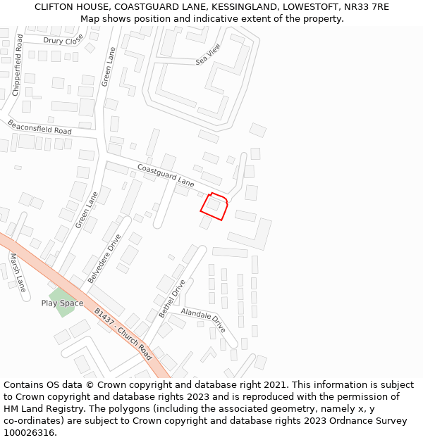 CLIFTON HOUSE, COASTGUARD LANE, KESSINGLAND, LOWESTOFT, NR33 7RE: Location map and indicative extent of plot