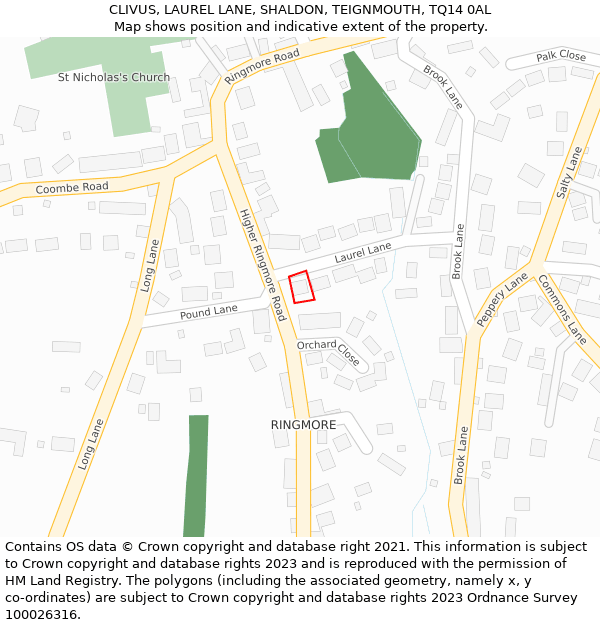 CLIVUS, LAUREL LANE, SHALDON, TEIGNMOUTH, TQ14 0AL: Location map and indicative extent of plot