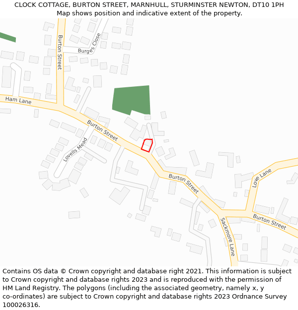 CLOCK COTTAGE, BURTON STREET, MARNHULL, STURMINSTER NEWTON, DT10 1PH: Location map and indicative extent of plot