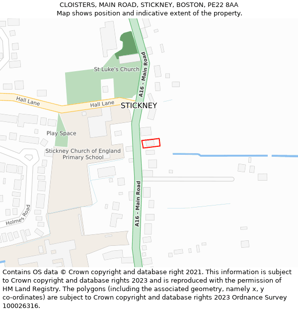 CLOISTERS, MAIN ROAD, STICKNEY, BOSTON, PE22 8AA: Location map and indicative extent of plot