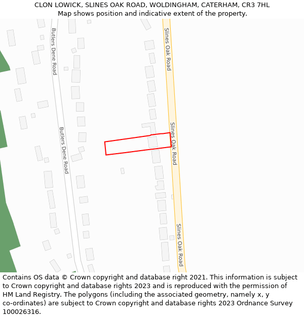 CLON LOWICK, SLINES OAK ROAD, WOLDINGHAM, CATERHAM, CR3 7HL: Location map and indicative extent of plot