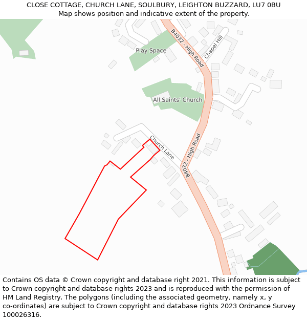 CLOSE COTTAGE, CHURCH LANE, SOULBURY, LEIGHTON BUZZARD, LU7 0BU: Location map and indicative extent of plot