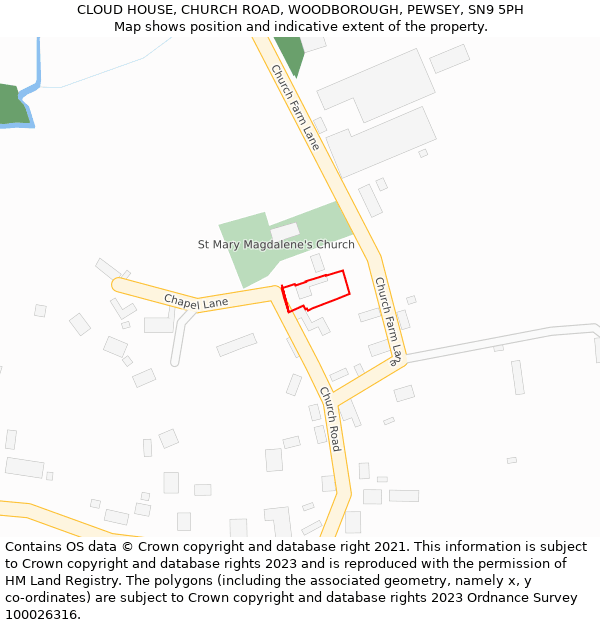 CLOUD HOUSE, CHURCH ROAD, WOODBOROUGH, PEWSEY, SN9 5PH: Location map and indicative extent of plot