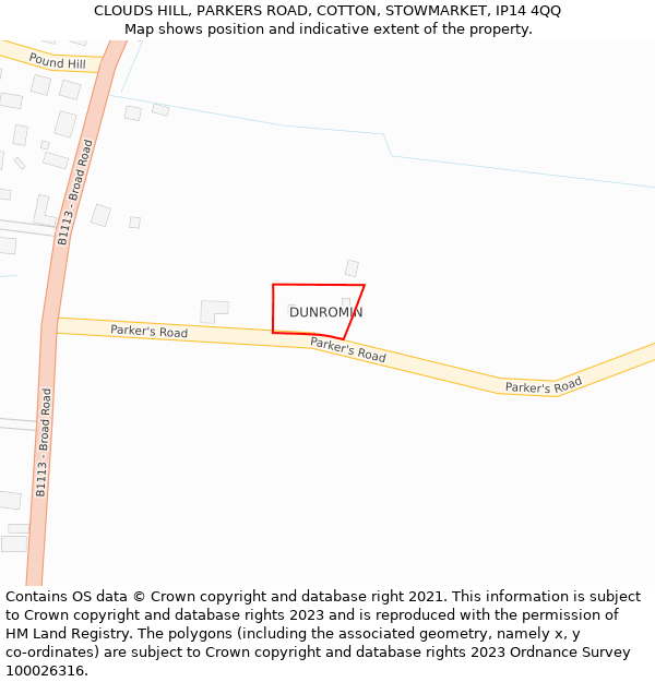 CLOUDS HILL, PARKERS ROAD, COTTON, STOWMARKET, IP14 4QQ: Location map and indicative extent of plot