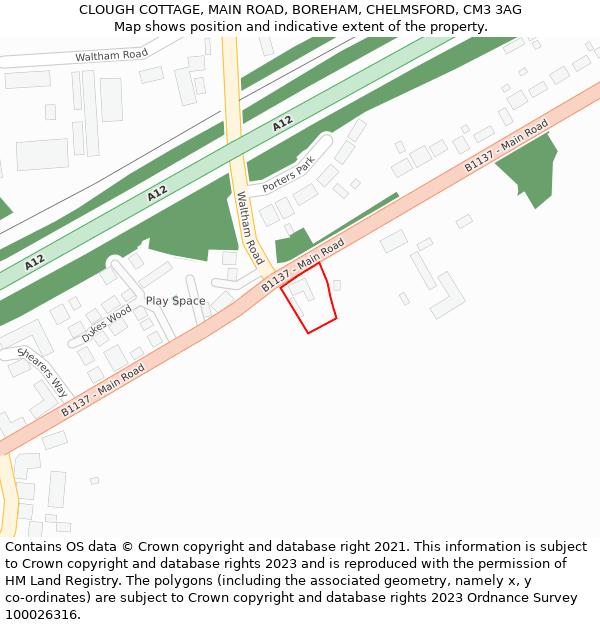 CLOUGH COTTAGE, MAIN ROAD, BOREHAM, CHELMSFORD, CM3 3AG: Location map and indicative extent of plot