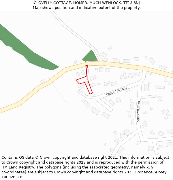 CLOVELLY COTTAGE, HOMER, MUCH WENLOCK, TF13 6NJ: Location map and indicative extent of plot