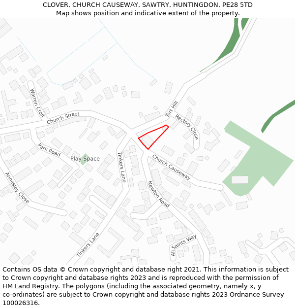 CLOVER, CHURCH CAUSEWAY, SAWTRY, HUNTINGDON, PE28 5TD: Location map and indicative extent of plot