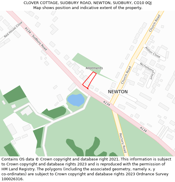 CLOVER COTTAGE, SUDBURY ROAD, NEWTON, SUDBURY, CO10 0QJ: Location map and indicative extent of plot