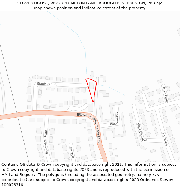 CLOVER HOUSE, WOODPLUMPTON LANE, BROUGHTON, PRESTON, PR3 5JZ: Location map and indicative extent of plot