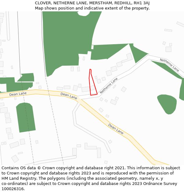 CLOVER, NETHERNE LANE, MERSTHAM, REDHILL, RH1 3AJ: Location map and indicative extent of plot