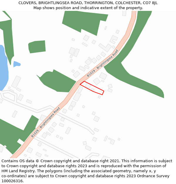 CLOVERS, BRIGHTLINGSEA ROAD, THORRINGTON, COLCHESTER, CO7 8JL: Location map and indicative extent of plot