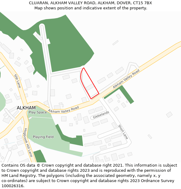 CLUARAN, ALKHAM VALLEY ROAD, ALKHAM, DOVER, CT15 7BX: Location map and indicative extent of plot