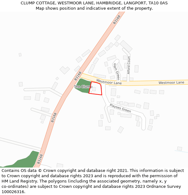 CLUMP COTTAGE, WESTMOOR LANE, HAMBRIDGE, LANGPORT, TA10 0AS: Location map and indicative extent of plot