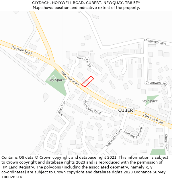 CLYDACH, HOLYWELL ROAD, CUBERT, NEWQUAY, TR8 5EY: Location map and indicative extent of plot