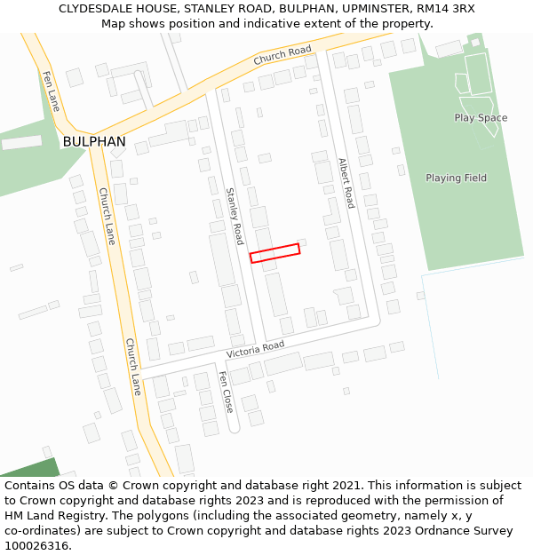 CLYDESDALE HOUSE, STANLEY ROAD, BULPHAN, UPMINSTER, RM14 3RX: Location map and indicative extent of plot