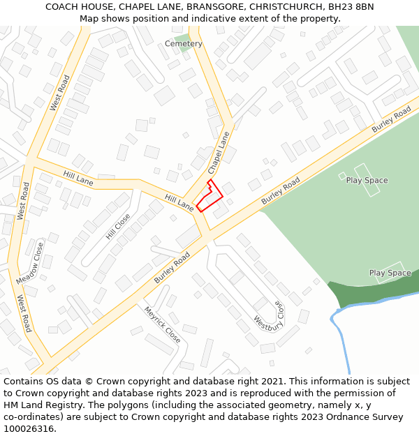 COACH HOUSE, CHAPEL LANE, BRANSGORE, CHRISTCHURCH, BH23 8BN: Location map and indicative extent of plot