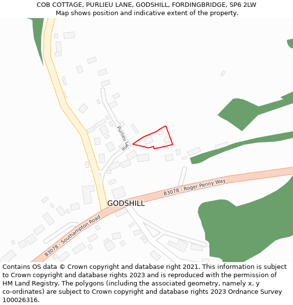 COB COTTAGE, PURLIEU LANE, GODSHILL, FORDINGBRIDGE, SP6 2LW: Location map and indicative extent of plot