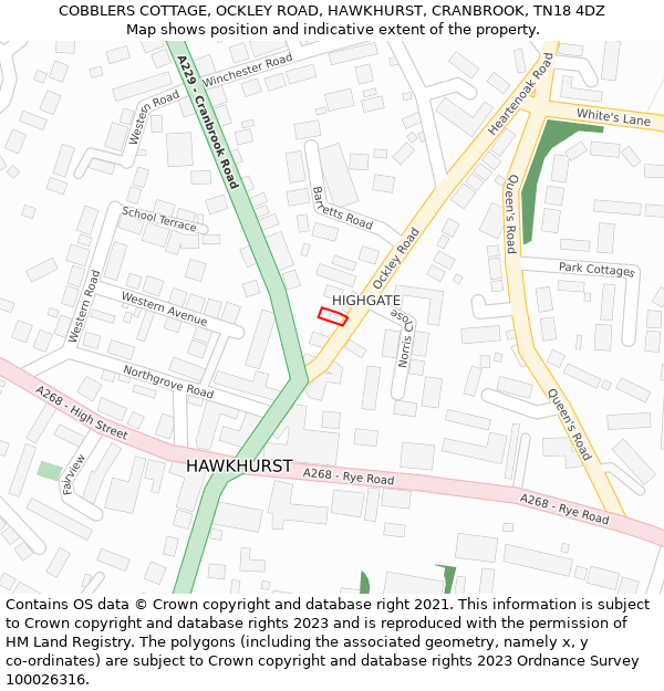 COBBLERS COTTAGE, OCKLEY ROAD, HAWKHURST, CRANBROOK, TN18 4DZ: Location map and indicative extent of plot