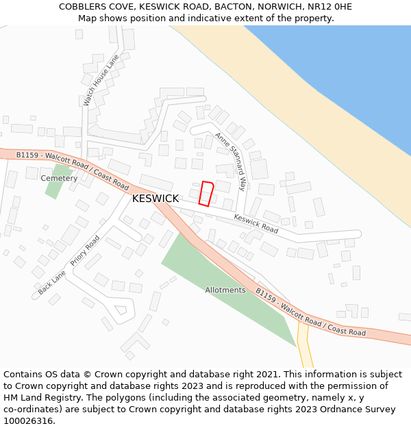 COBBLERS COVE, KESWICK ROAD, BACTON, NORWICH, NR12 0HE: Location map and indicative extent of plot