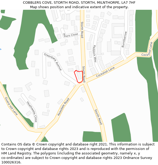 COBBLERS COVE, STORTH ROAD, STORTH, MILNTHORPE, LA7 7HF: Location map and indicative extent of plot