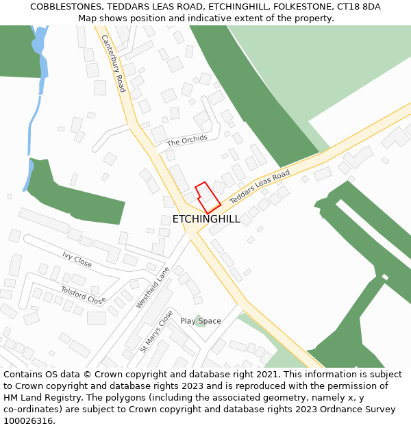 COBBLESTONES, TEDDARS LEAS ROAD, ETCHINGHILL, FOLKESTONE, CT18 8DA: Location map and indicative extent of plot