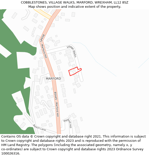 COBBLESTONES, VILLAGE WALKS, MARFORD, WREXHAM, LL12 8SZ: Location map and indicative extent of plot