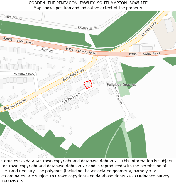 COBDEN, THE PENTAGON, FAWLEY, SOUTHAMPTON, SO45 1EE: Location map and indicative extent of plot