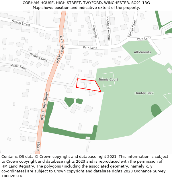 COBHAM HOUSE, HIGH STREET, TWYFORD, WINCHESTER, SO21 1RG: Location map and indicative extent of plot