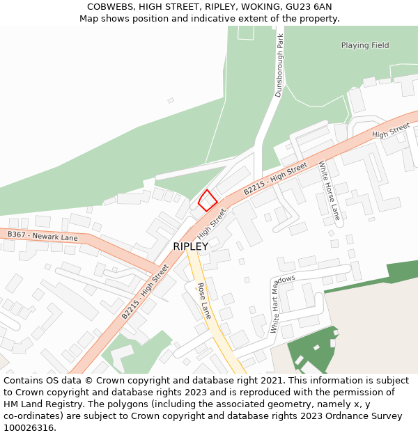 COBWEBS, HIGH STREET, RIPLEY, WOKING, GU23 6AN: Location map and indicative extent of plot