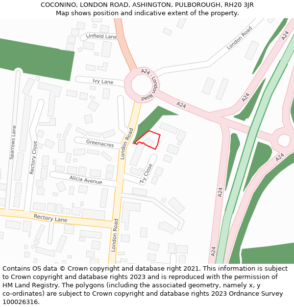 COCONINO, LONDON ROAD, ASHINGTON, PULBOROUGH, RH20 3JR: Location map and indicative extent of plot